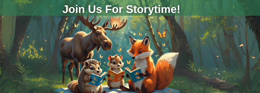 woodland animals reading a story book